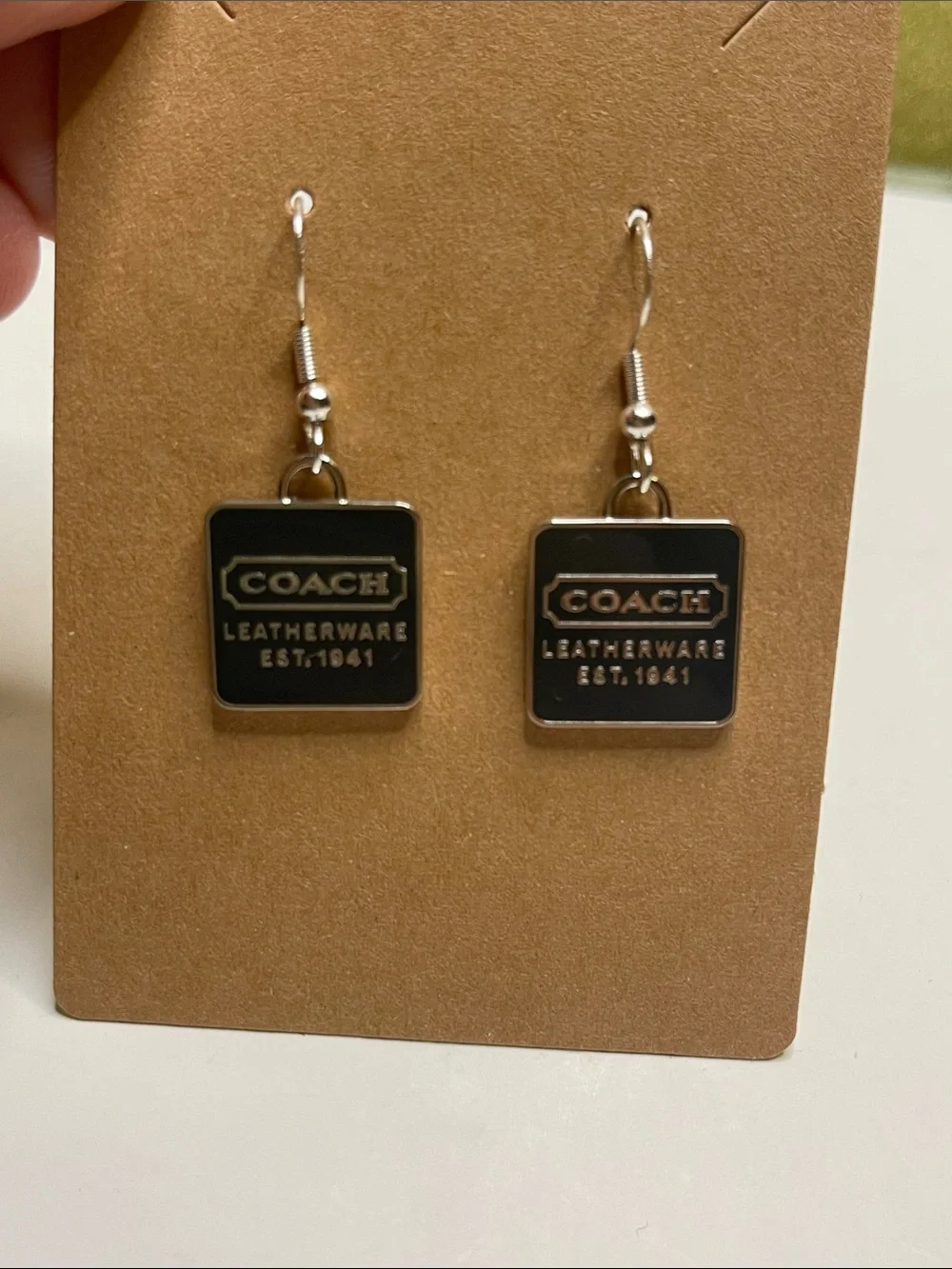 Coach Dark Green & Silver Logo Drop Earrings - Picture 5 of 6